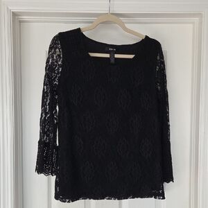 Style & Co. Black Lace Layered Top Blouse Shirt With Sheer Lace Sleeves Size S